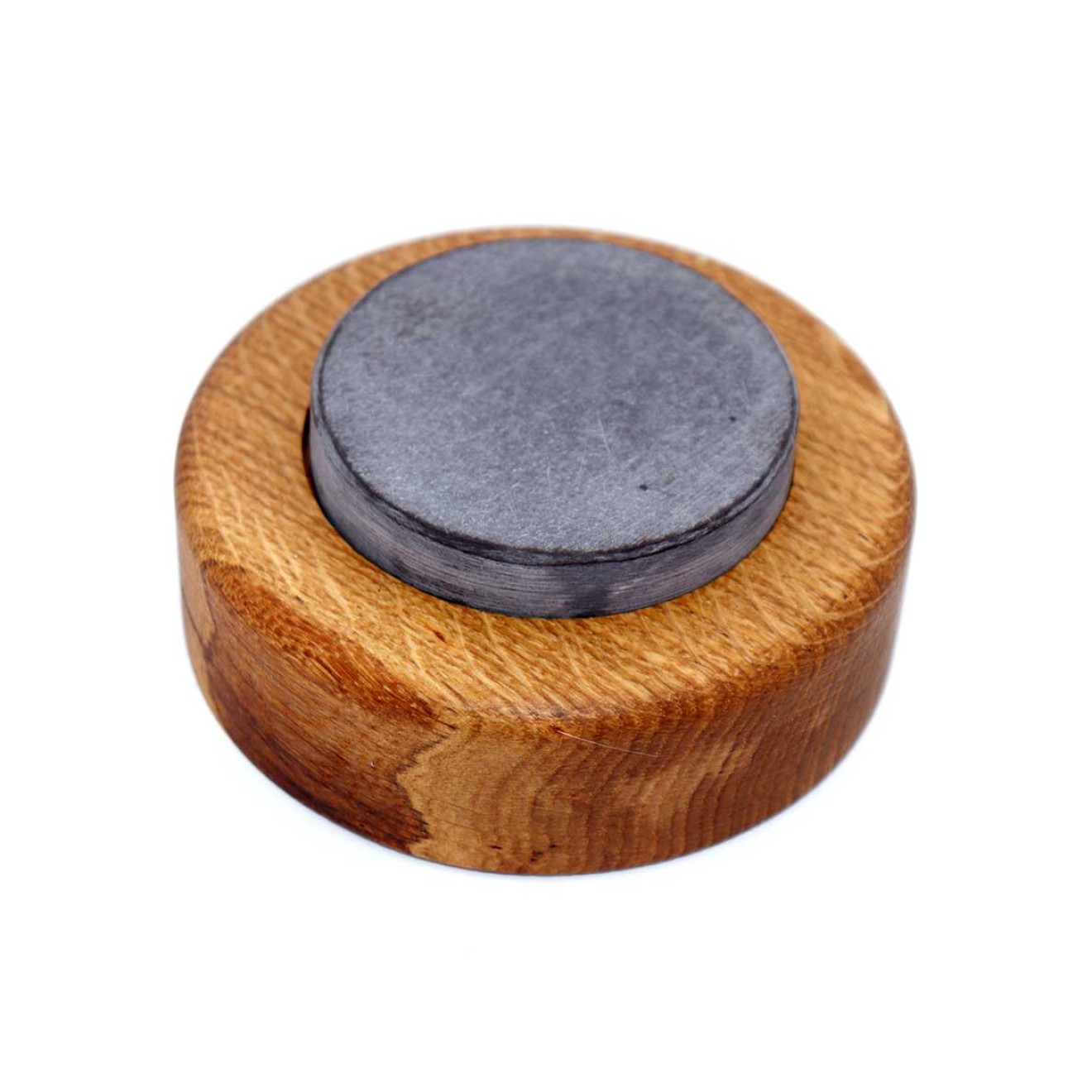 Coticule belge bleu ronde meule diamètre 75 mm dans un socle en bois